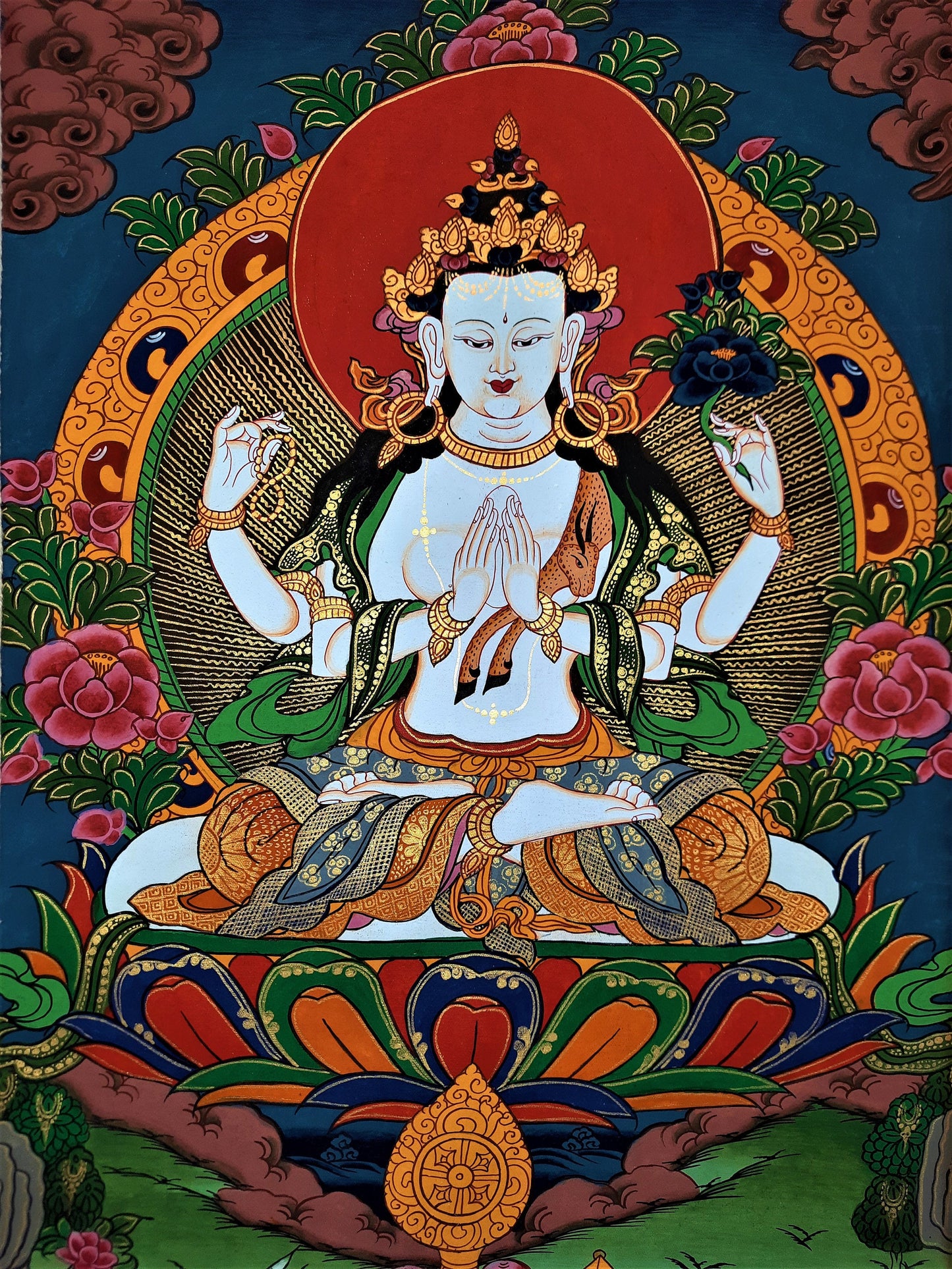 Original Hand Painted  Chenrezig  / Compassion Buddha  Tibetan  Meditation Wall hanging Thangka / Thanka  Painting With  Silk Framed