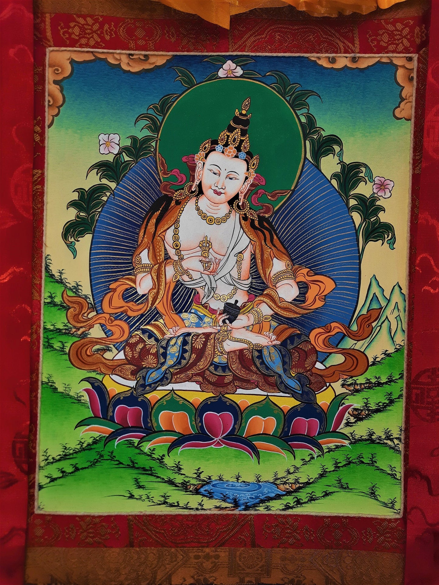 Original Hand-painted, Vajrasattva, Dorje Sempa Master Quality, 24 K Gold Thangka Painting, Compassion, Meditation Art  with Silk Frame