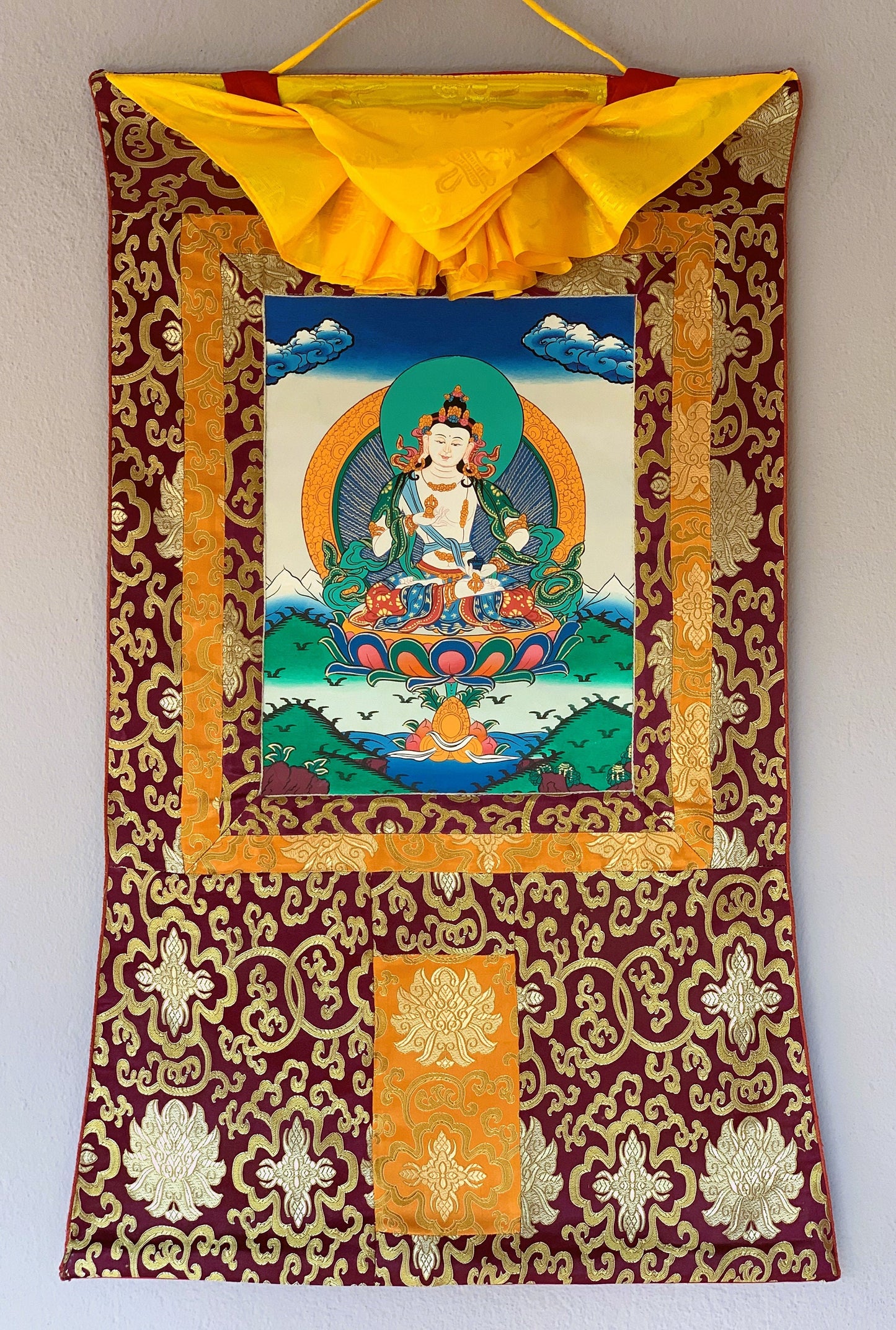 Original Hand-painted Vajrasattva/ Dhyani (Meditating) Buddha Original Thangka/ Thanka, Painting /Tibetan Wall Hanging with Silk Brocade