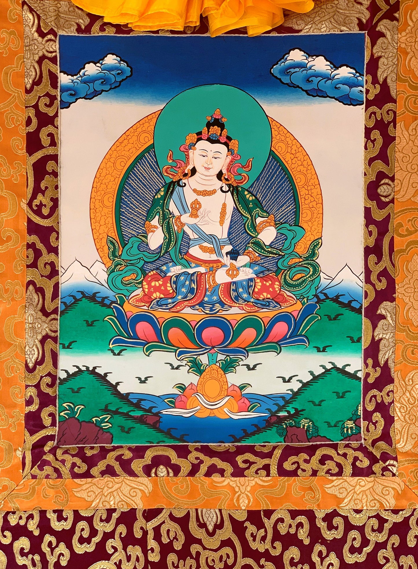 Original Hand-painted Vajrasattva/ Dhyani (Meditating) Buddha Original Thangka/ Thanka, Painting /Tibetan Wall Hanging with Silk Brocade