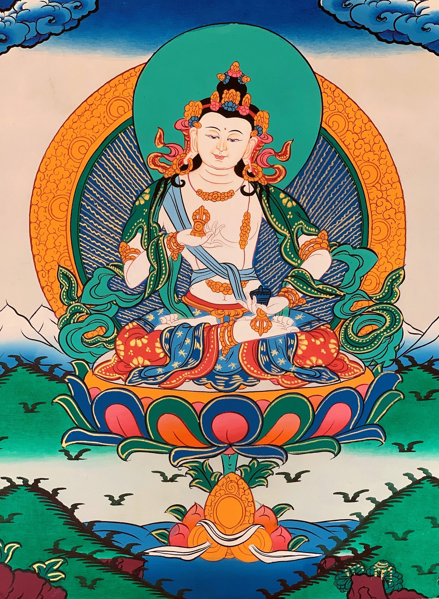 Original Hand-painted Vajrasattva/ Dhyani (Meditating) Buddha Original Thangka/ Thanka, Painting /Tibetan Wall Hanging with Silk Brocade