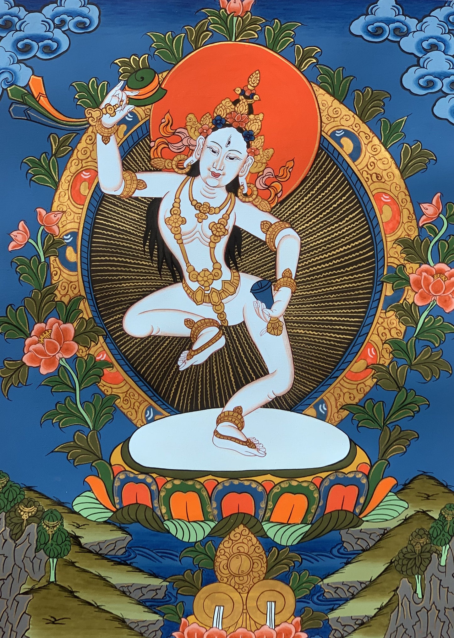 Original Hand-Painted Machig Labdron Tibetan Yogini Thangka Painting Buddhist Art Wall Hanging with Premium Silk Brocade