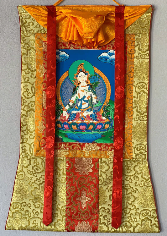 Original Hand-Painted White Tara, Mother Tara Goddess Tibetan Thangka Painting with Silk Brocade