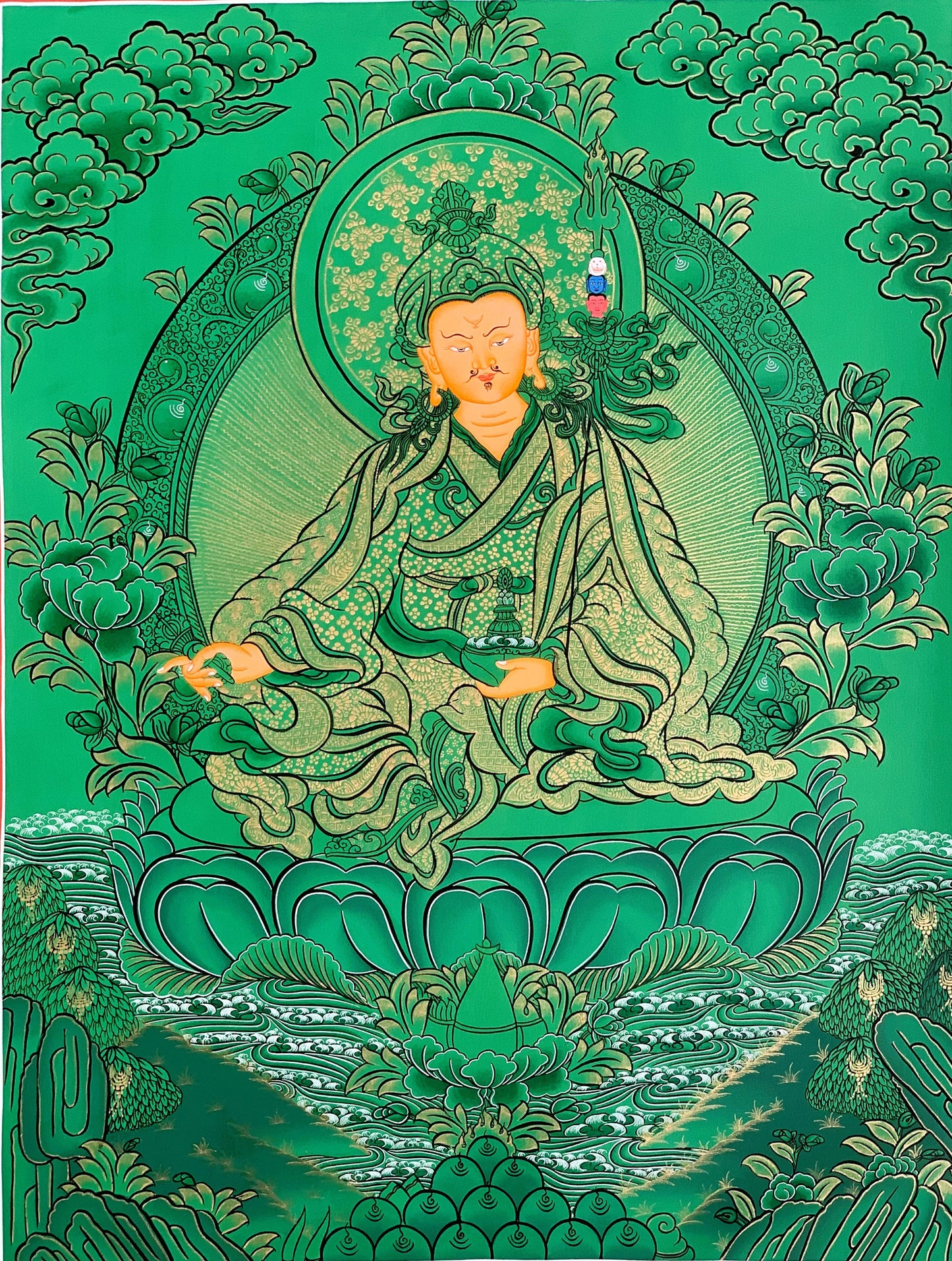 Original Hand Painted Guru Rinpoche/ Padmsambhava- Precious Master Tibetan Thangka / Painting Wall Hanging Compassion Mediation Art