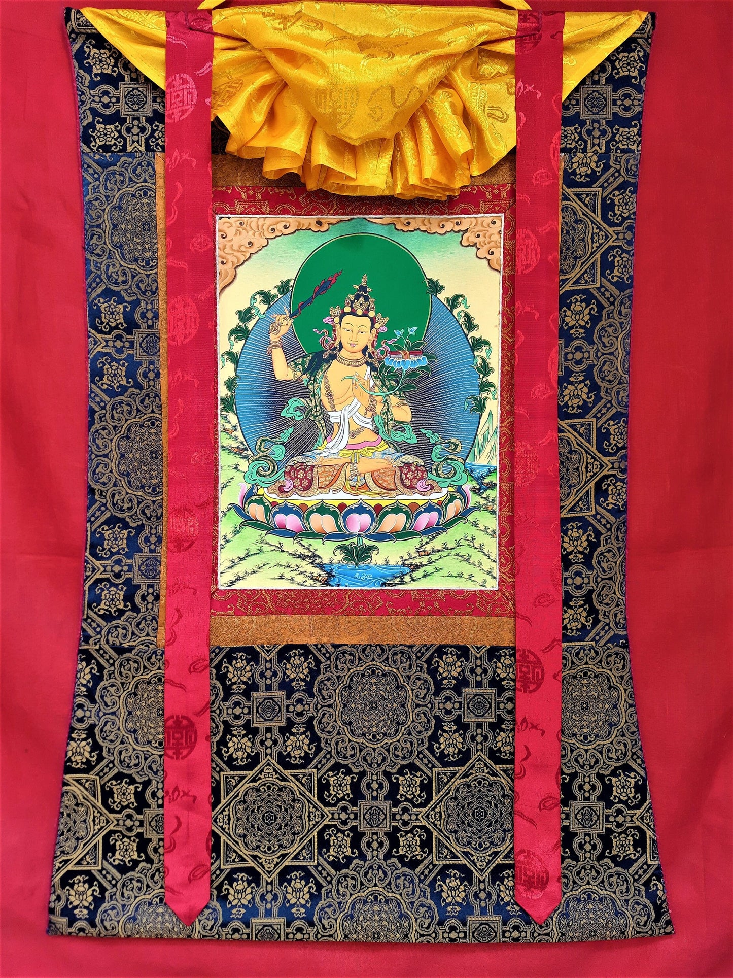 Original Hand-painted Master Quality Manjushri/ Manjushree God of Divine Wisdom Tibetan Thangka Painting with Premium Silk Brocade