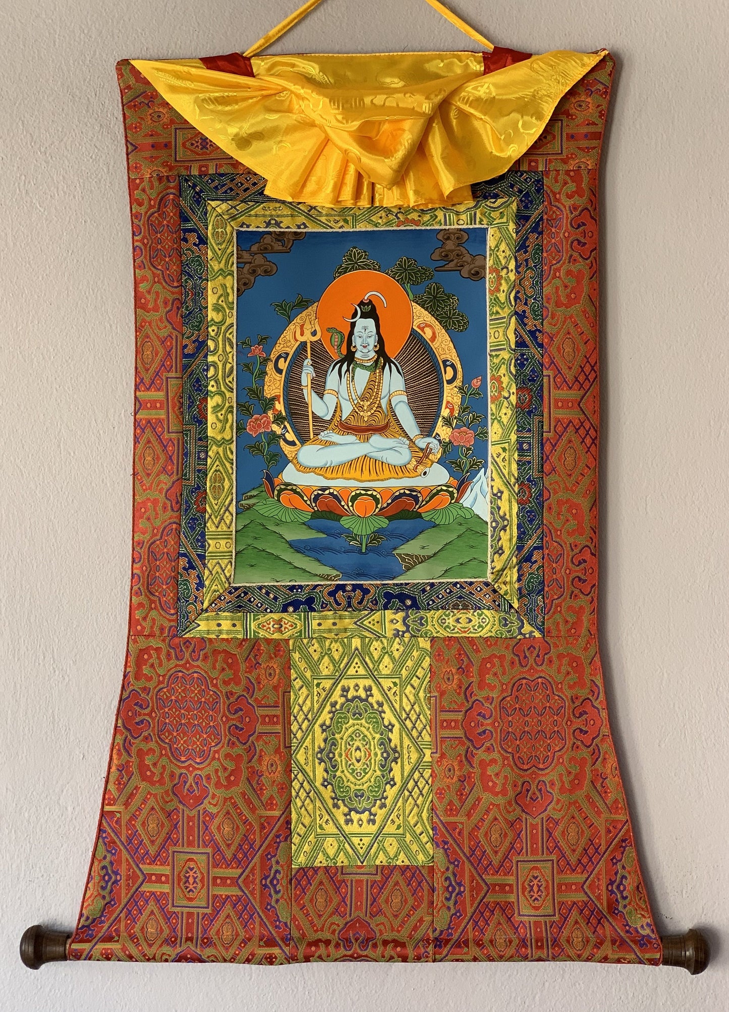 Hand-painted Lord Shiva, Shankar, Mahadev, Original Thangka Painting Hindu Art with Silk Brocade