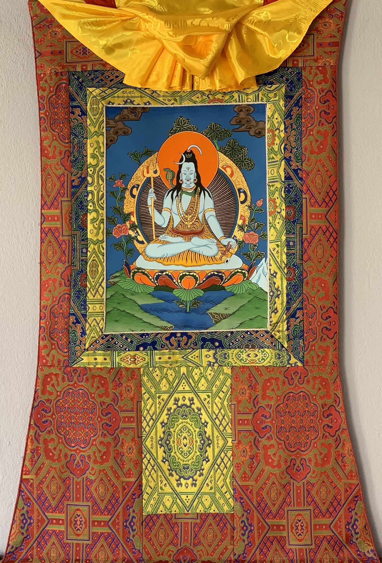 Hand-painted Lord Shiva, Shankar, Mahadev, Original Thangka Painting Hindu Art with Silk Brocade