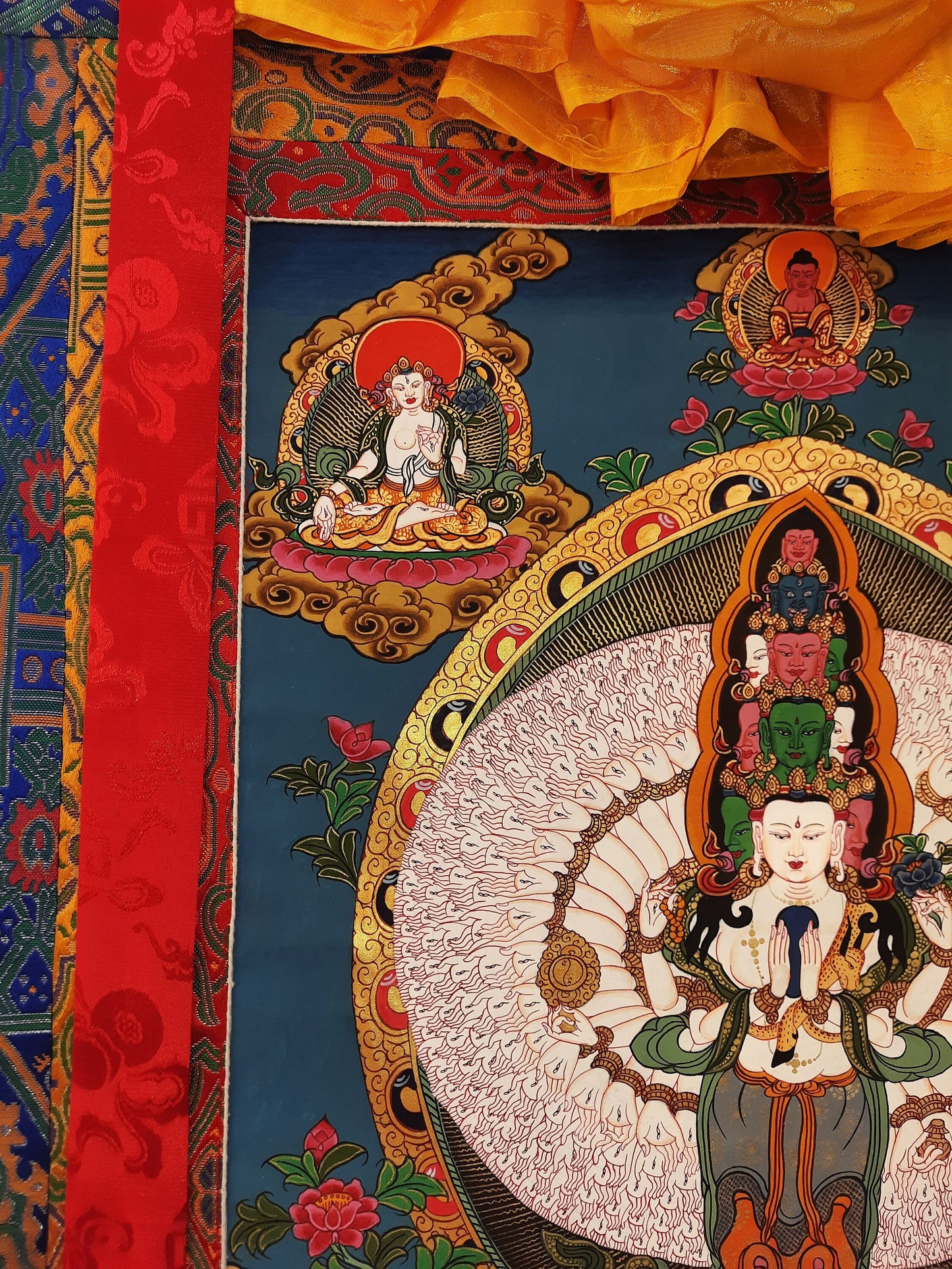 Original Hand Painted 1000 ARMED AVALOKITESHVARA / Lokeshwor Tibetan Meditation Thangka / Thanka  Painting With Premium Silk Brocade