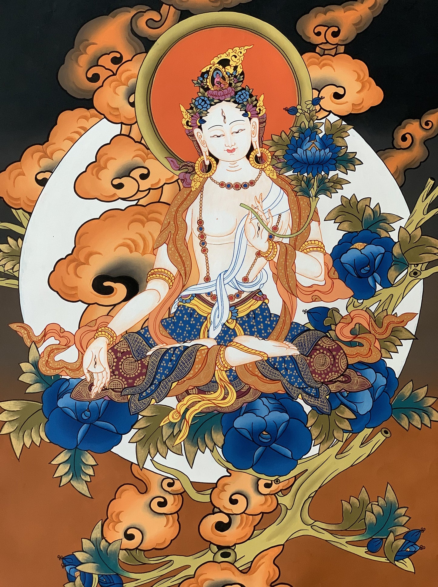 Hand painted Original White Tara / Mother Tara Goddess Masterpiece Tibetan Thanka / Thangka / Painting Compassion Meditation Art From Nepal