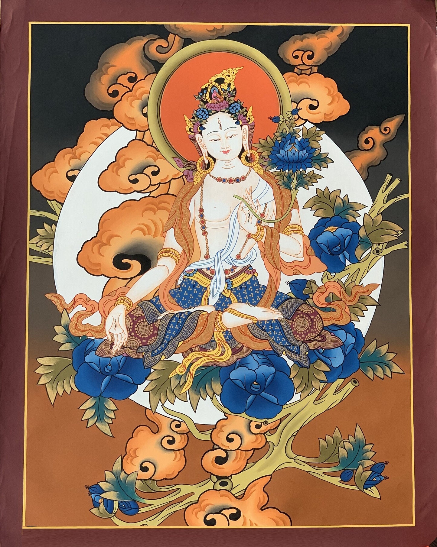 Hand painted Original White Tara / Mother Tara Goddess Masterpiece Tibetan Thanka / Thangka / Painting Compassion Meditation Art From Nepal