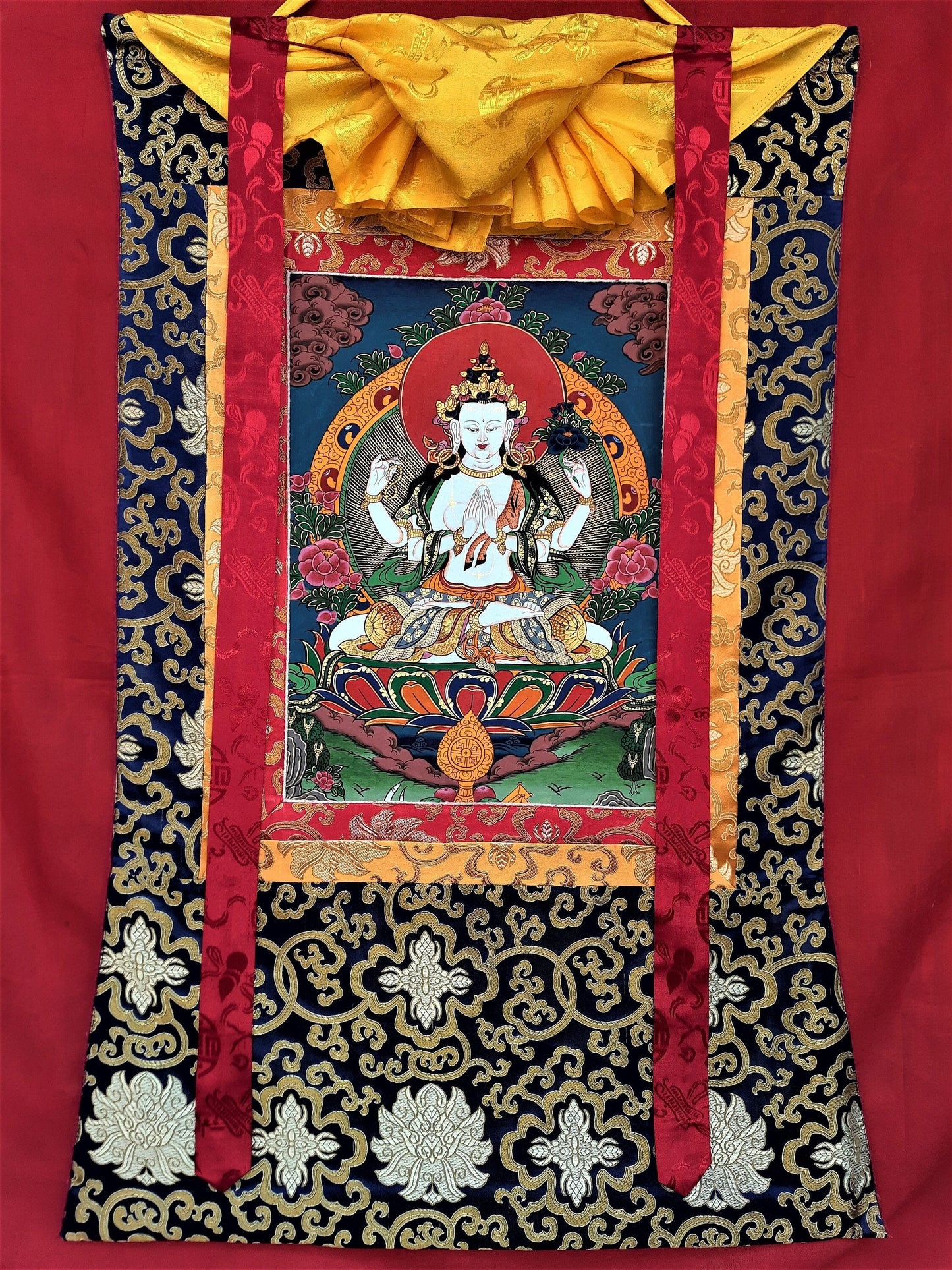 Original Hand Painted  Chenrezig  / Compassion Buddha  Tibetan  Meditation Wall hanging Thangka / Thanka  Painting With  Silk Framed