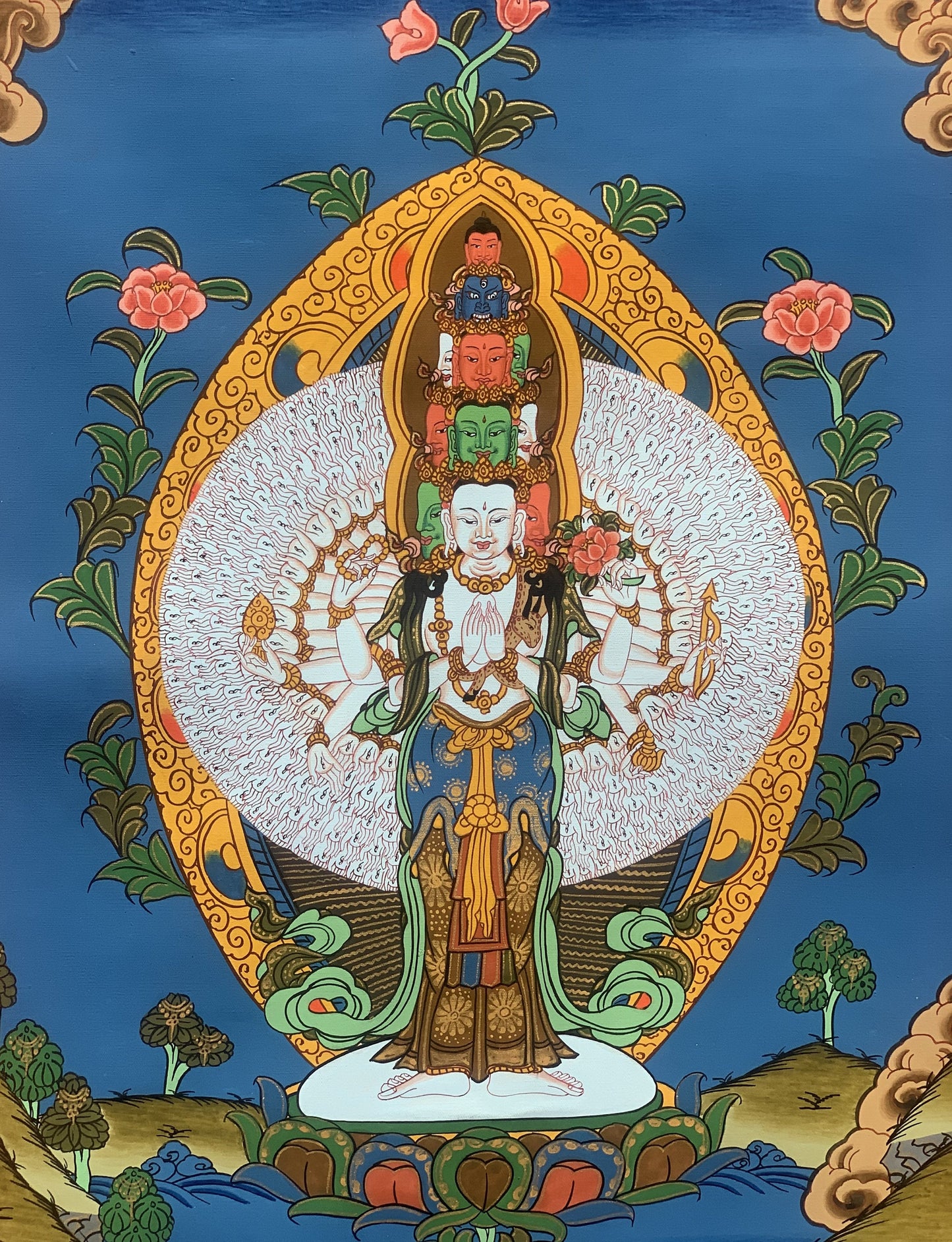 Original Hand-painted 1000 Armed Sahasrabhuja Avalokiteshvara Lokeshvara Chenrezig Chyangresi Tibetan Thangka Painting 11 x 15-Inch