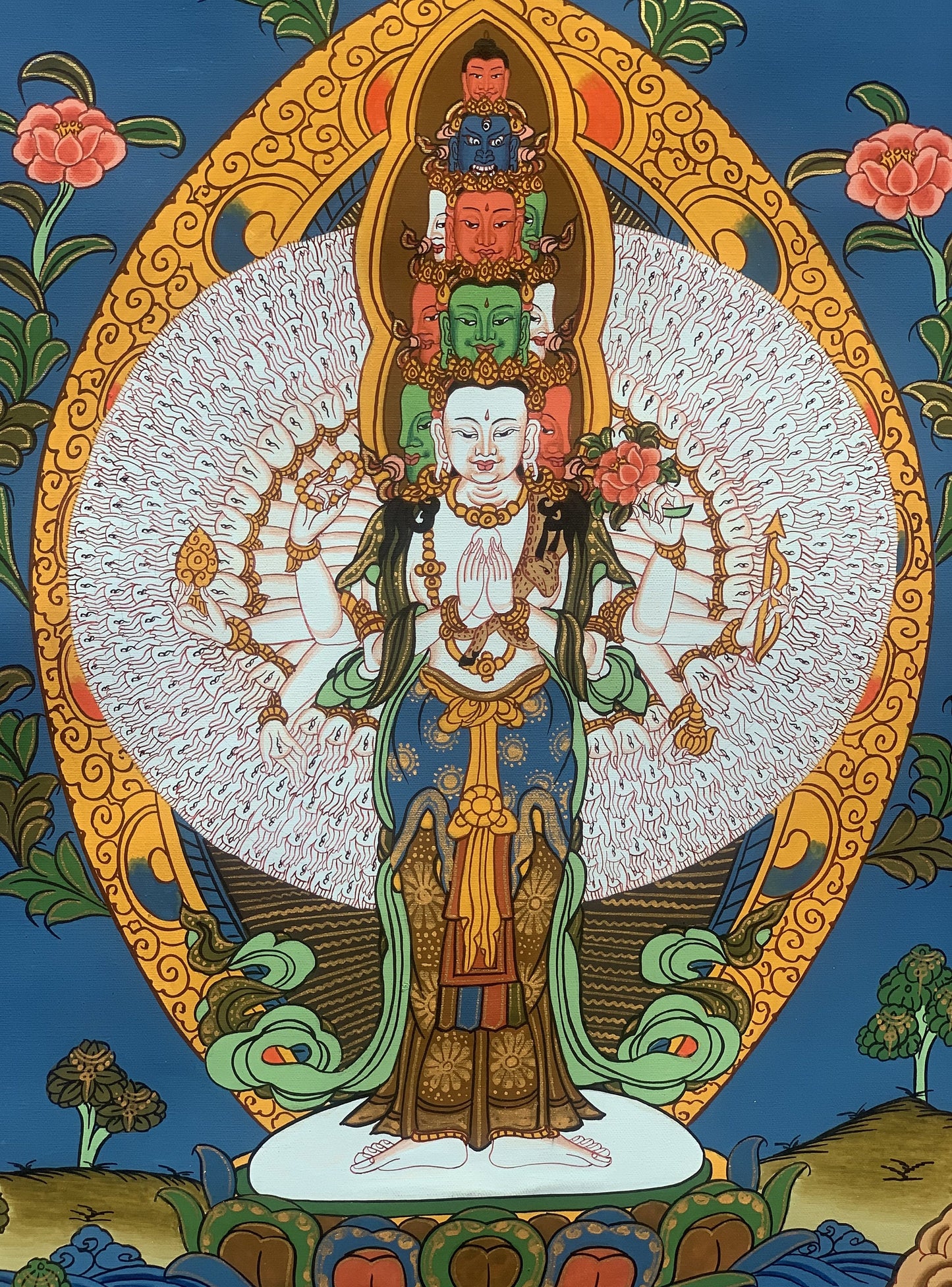 Original Hand-painted 1000 Armed Sahasrabhuja Avalokiteshvara Lokeshvara Chenrezig Chyangresi Tibetan Thangka Painting 11 x 15-Inch