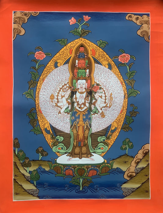 Original Hand-painted 1000 Armed Sahasrabhuja Avalokiteshvara Lokeshvara Chenrezig Chyangresi Tibetan Thangka Painting 11 x 15-Inch