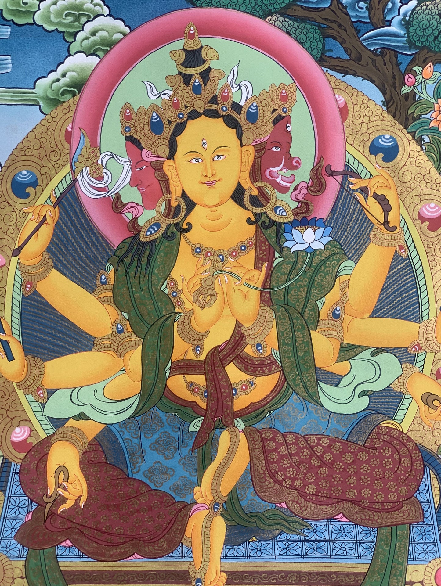 Original Hand Painted Marici Marichi Goddess of Dawan Ray of Light Masterpiece 24 K Gold Tibetan Thangka Painting