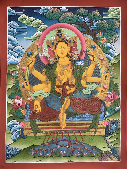 Original Hand Painted Marici Marichi Goddess of Dawan Ray of Light Masterpiece 24 K Gold Tibetan Thangka Painting