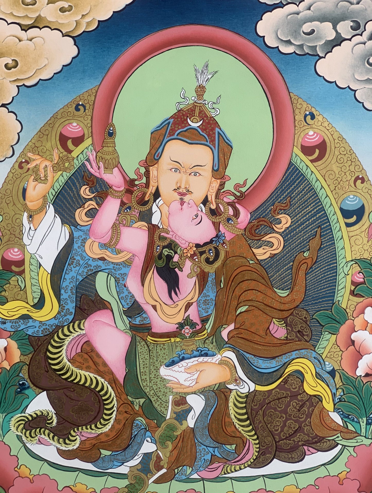 Original Hand-painted Master Quality Masterpiece Padmasambhava, Guru Shakti Guru With Mandarava Tibetan Thangka Painting From Nepal