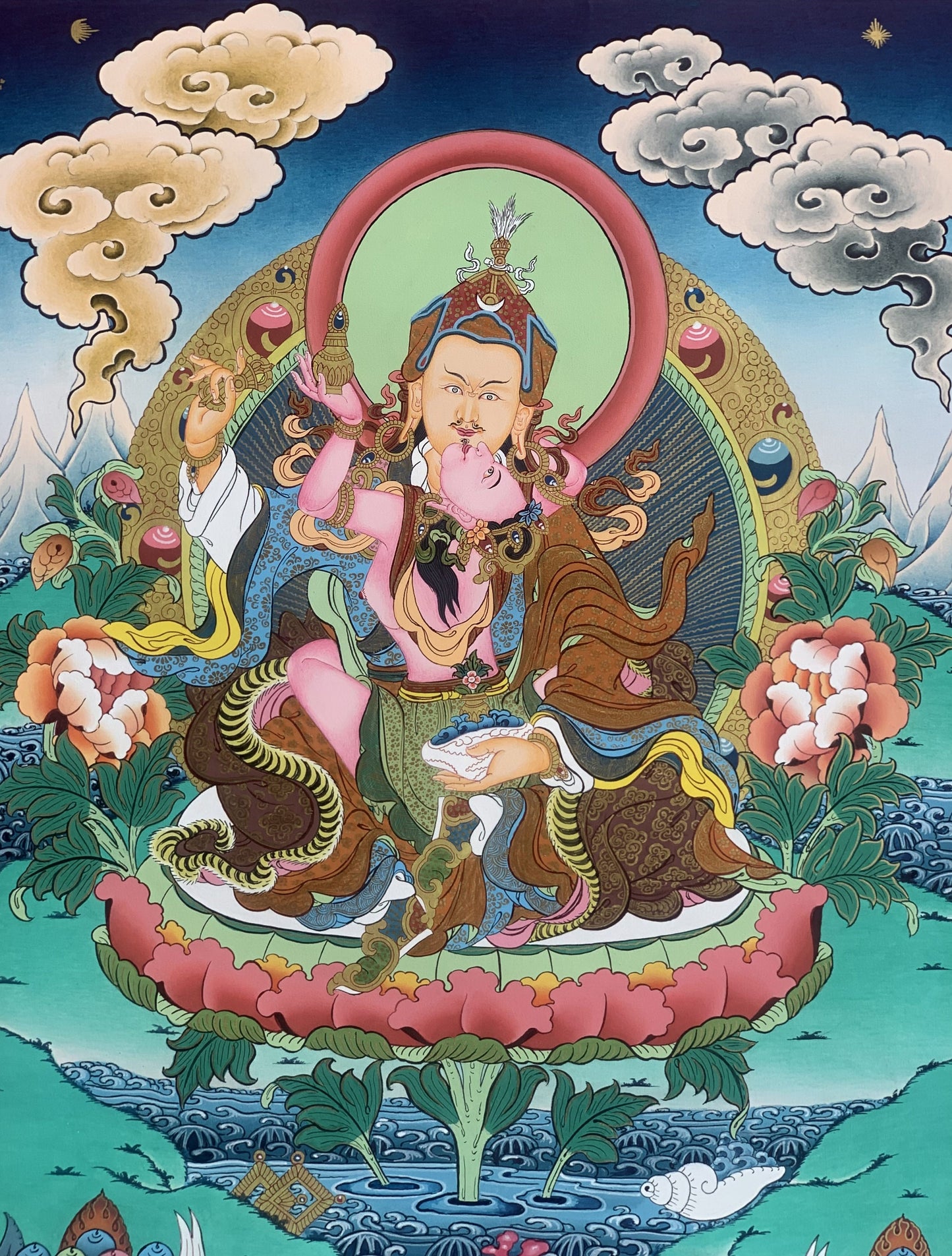 Original Hand-painted Master Quality Masterpiece Padmasambhava, Guru Shakti Guru With Mandarava Tibetan Thangka Painting From Nepal