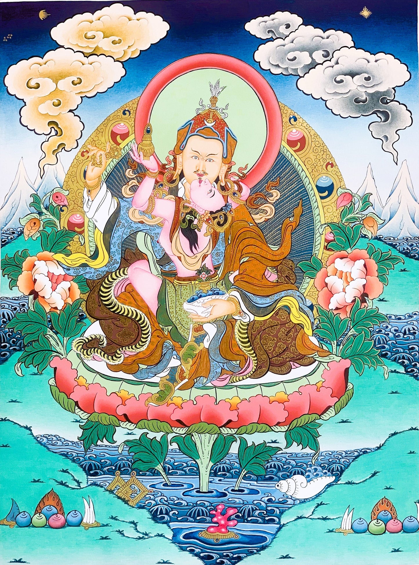 Original Hand-painted Master Quality Masterpiece Padmasambhava, Guru Shakti Guru With Mandarava Tibetan Thangka Painting From Nepal