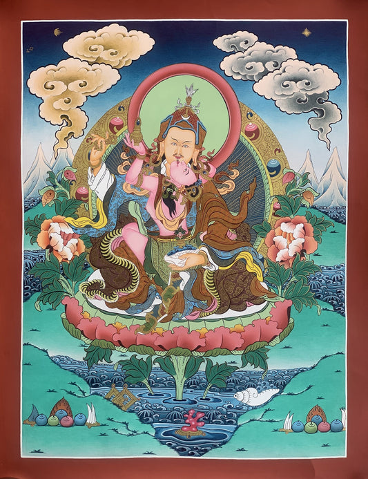 Original Hand-painted Master Quality Masterpiece Padmasambhava, Guru Shakti Guru With Mandarava Tibetan Thangka Painting From Nepal