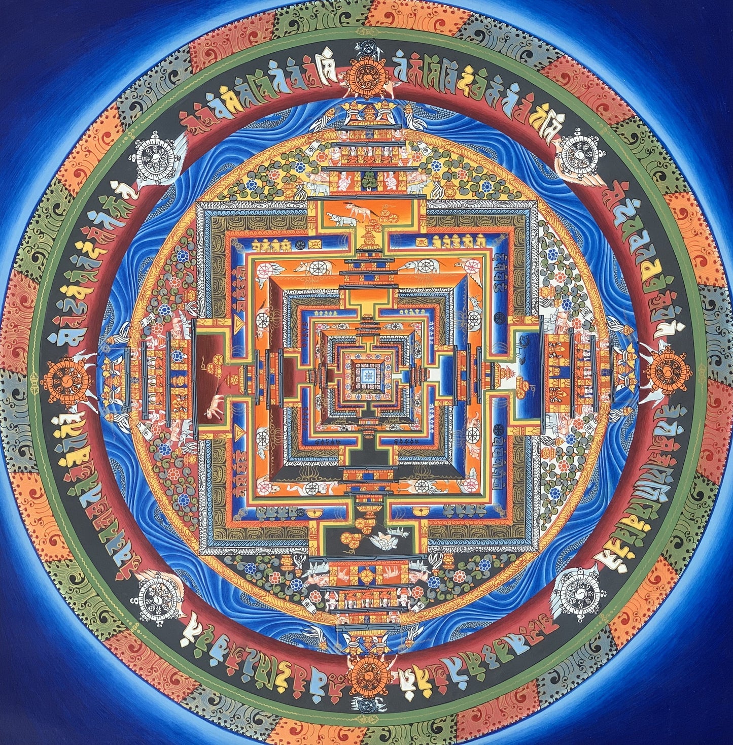 Original Hand-painted Master Quality Blue Kalachakra Mandala Wheel of Life Tibetan Thangka Painting 60 cm x 60 cm