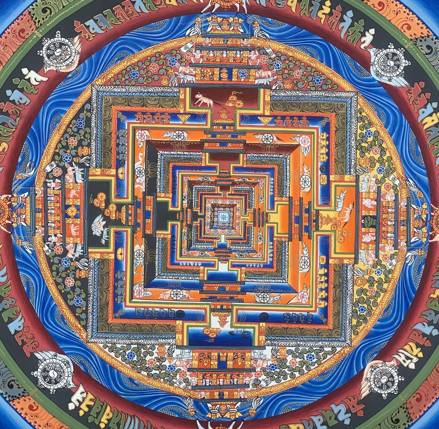 Original Hand-painted Master Quality Blue Kalachakra Mandala Wheel of Life Tibetan Thangka Painting 60 cm x 60 cm