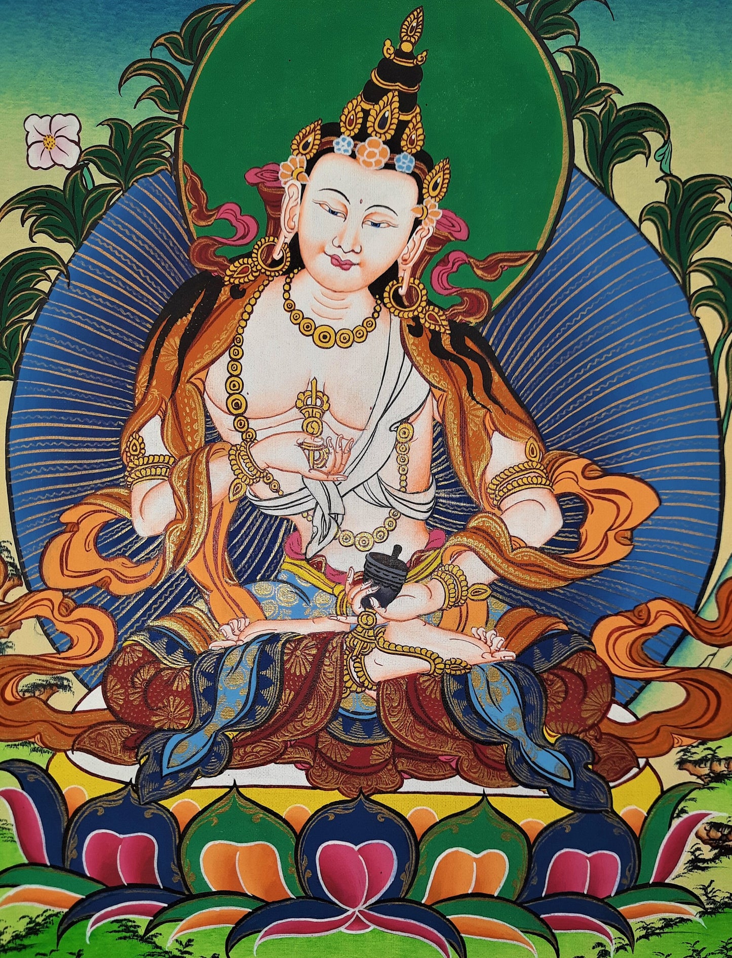 Original Hand-painted, Vajrasattva, Dorje Sempa Master Quality, 24 K Gold Thangka Painting, Compassion, Meditation Art  with Silk Frame