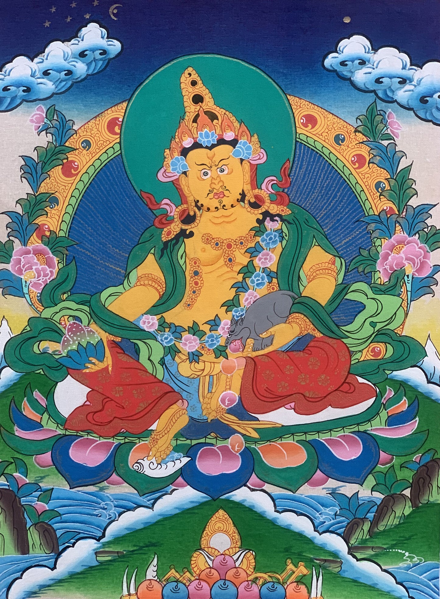 Original Hand Painted Yellow Dzambhala/Jambhala/Kubera  God Of Wealth Tibetan Compassion / Meditation Thangka / Thanka  Painting From Nepal