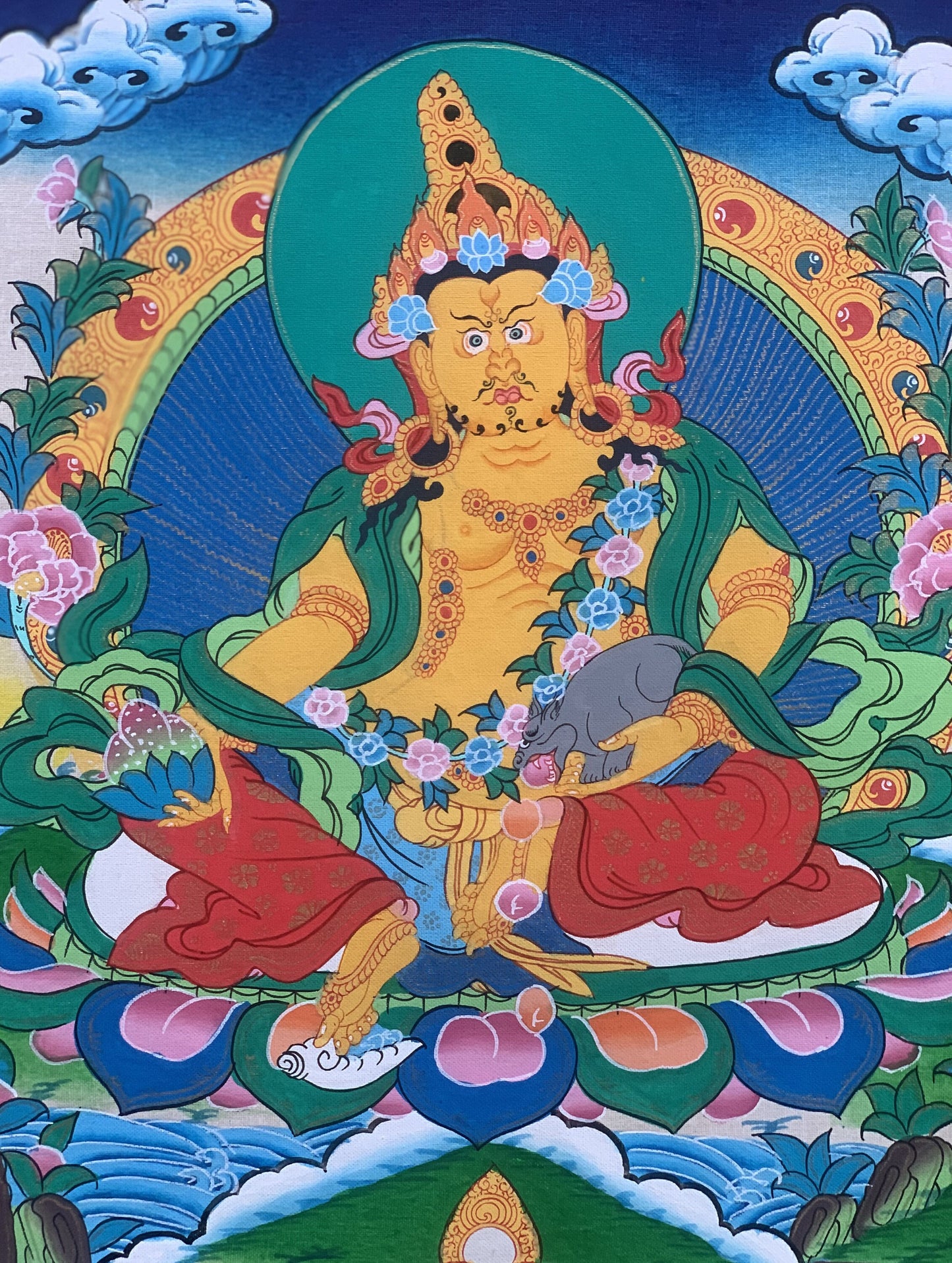 Original Hand Painted Yellow Dzambhala/Jambhala/Kubera  God Of Wealth Tibetan Compassion / Meditation Thangka / Thanka  Painting From Nepal