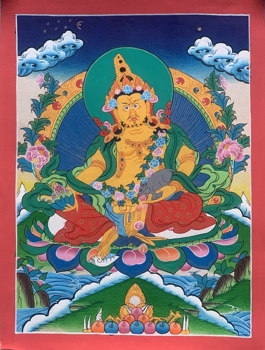 Original Hand Painted Yellow Dzambhala/Jambhala/Kubera  God Of Wealth Tibetan Compassion / Meditation Thangka / Thanka  Painting From Nepal