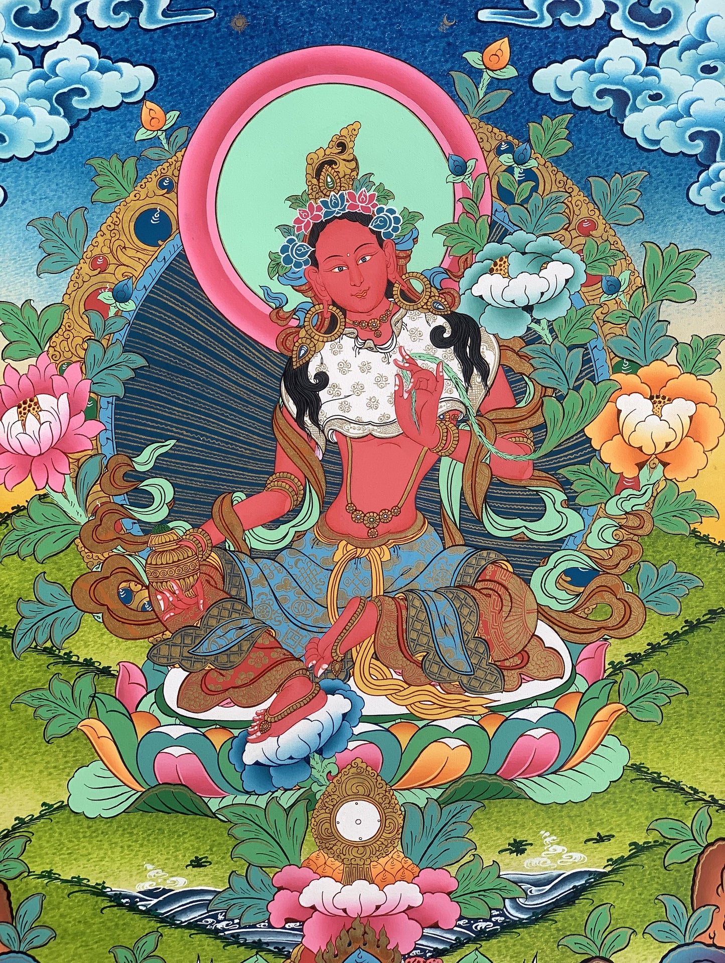 Original Hand-painted Masterpiece Red Tara Divine Mother Female Buddha Protector Tibetan Meditation Thangka Painting with Silk Brocade