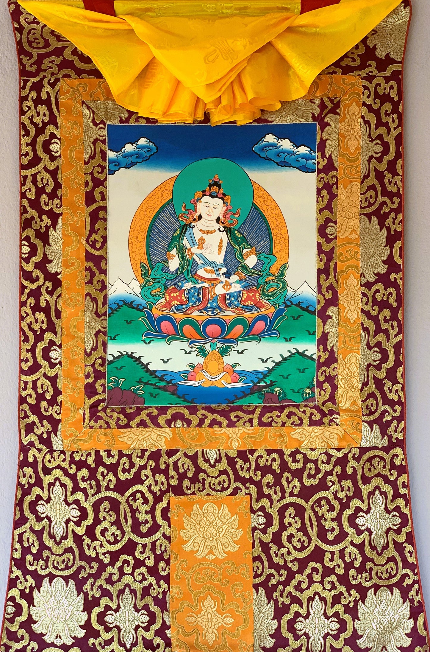 Original Hand-painted Vajrasattva/ Dhyani (Meditating) Buddha Original Thangka/ Thanka, Painting /Tibetan Wall Hanging with Silk Brocade