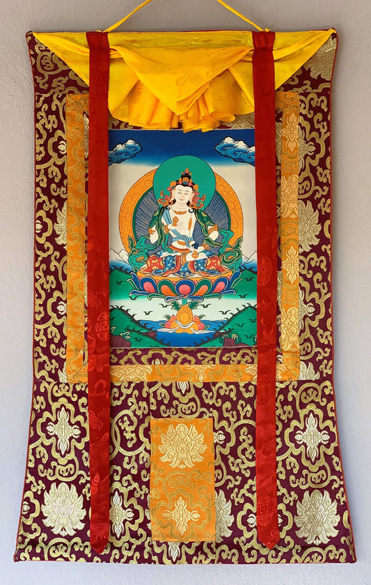 Original Hand-painted Vajrasattva/ Dhyani (Meditating) Buddha Original Thangka/ Thanka, Painting /Tibetan Wall Hanging with Silk Brocade