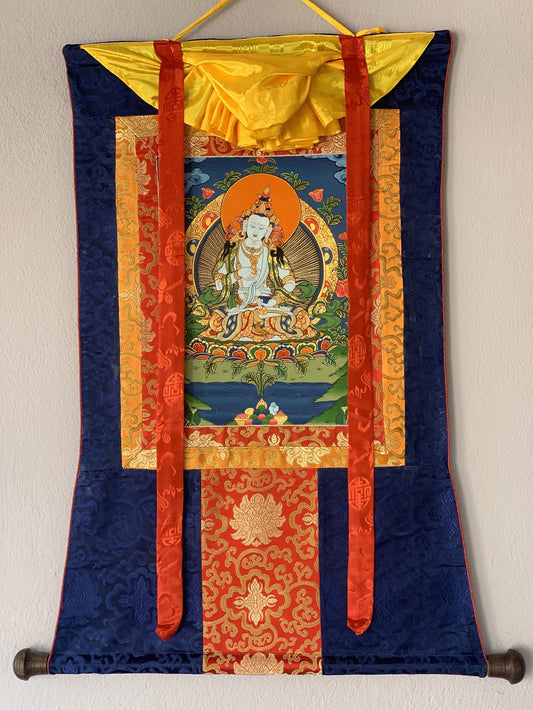 Hand-painted Vajrasattva, Dhyani Buddha, Purification, Thangka  Painting  with Silk Brocade