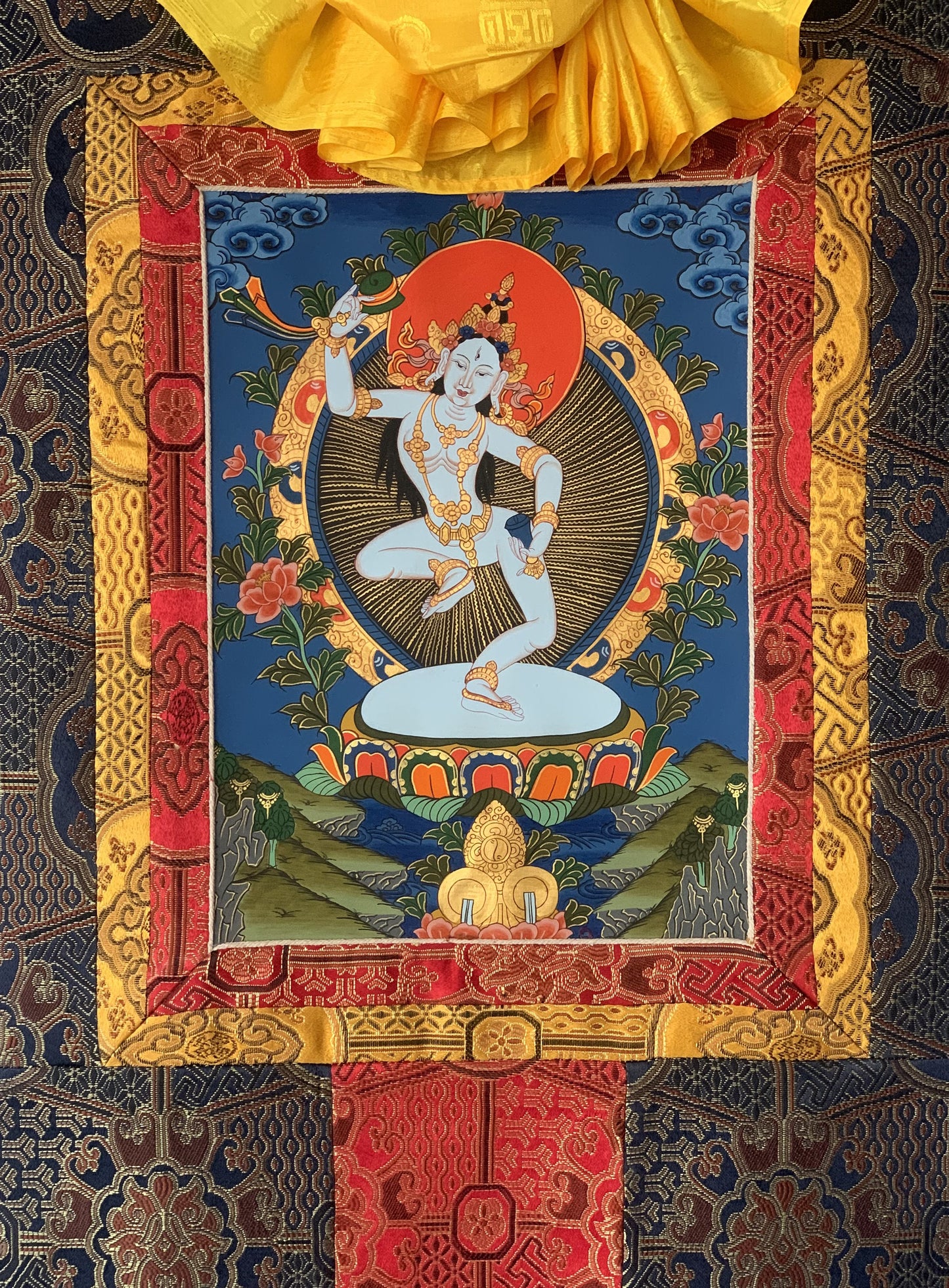 Original Hand-Painted Machig Labdron Tibetan Yogini Thangka Painting Buddhist Art Home Wall Hanging with Premium Silk Brocade