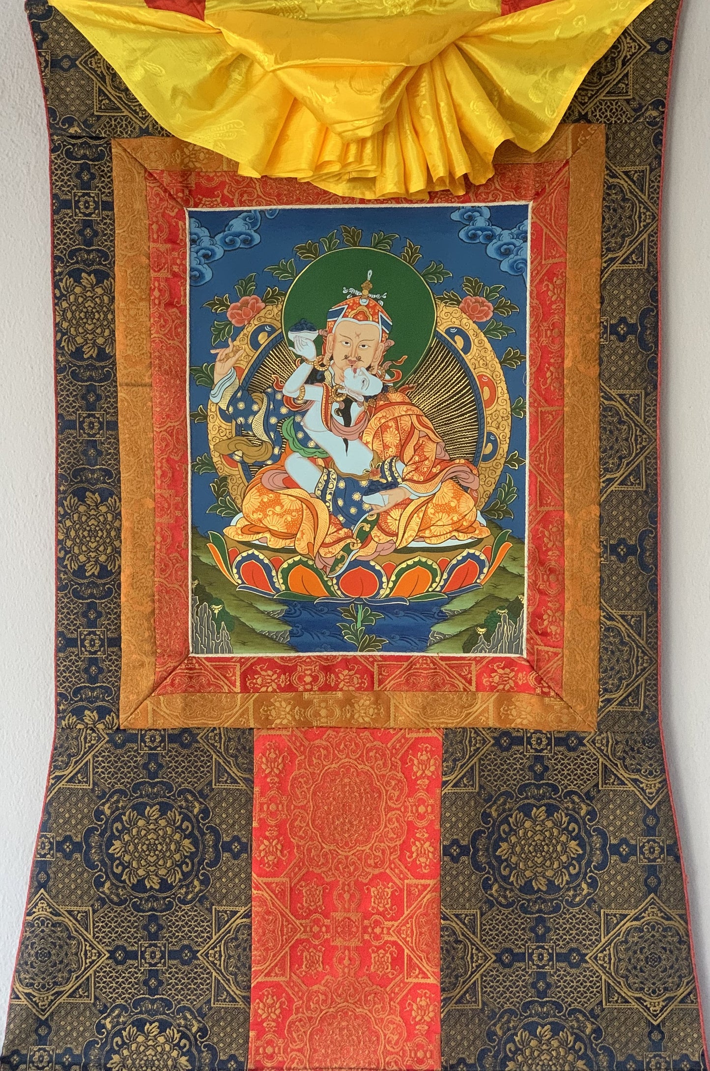 Hand-painted Padmasambhava Guru Shakti Guru Rinpoche, With Consort Mandarava Tibetan Thangka Painting with Silk Brocade