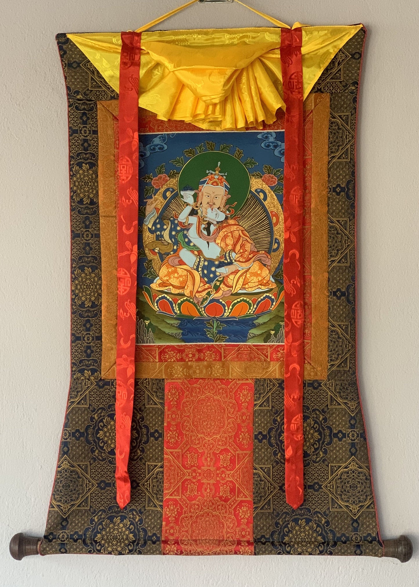 Hand-painted Padmasambhava Guru Shakti Guru Rinpoche, With Consort Mandarava Tibetan Thangka Painting with Silk Brocade