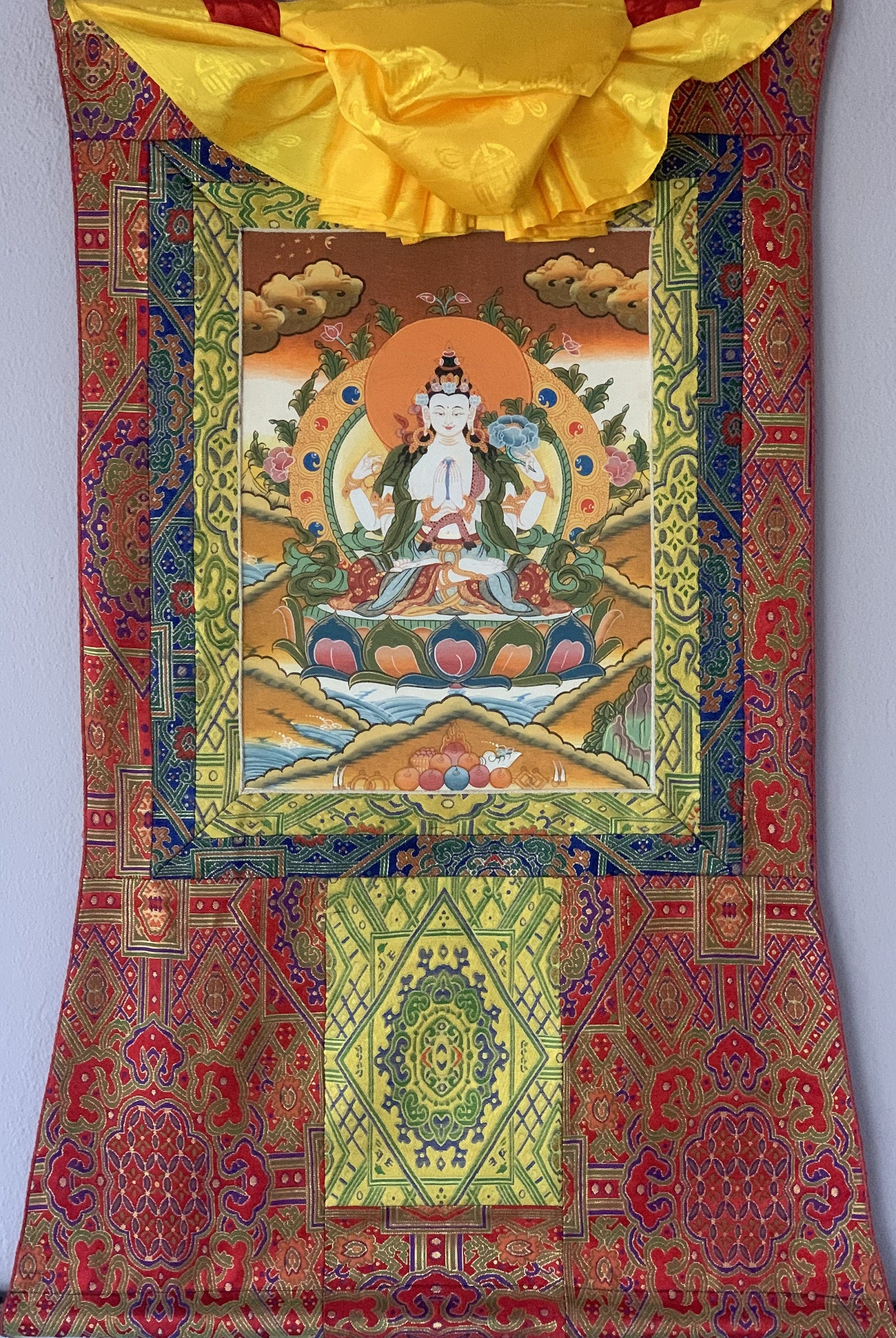 Original Hand Painted Chenrezig  /Avalokiteshvara Compassion Buddha Tibetan  Meditation Thangka / Thanka  Painting With Premium Silk Brocade