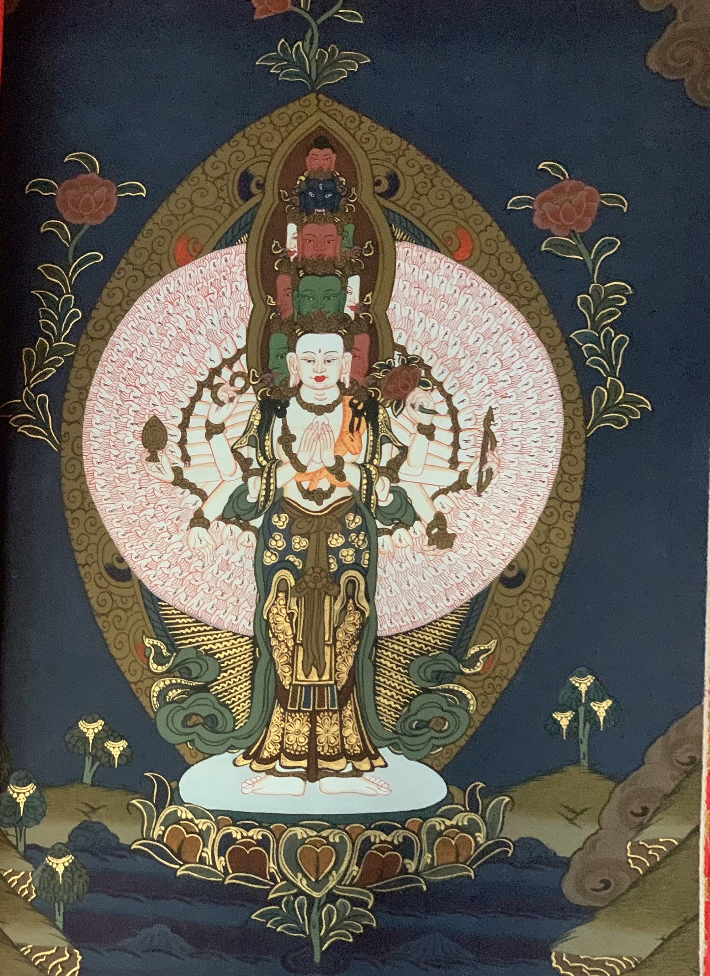 Original Hand-painted 1000 Armed Avalokiteshvara/ Lokeswor/ Chenrezig Tibeatan Thangka Painting with Silk Brocade