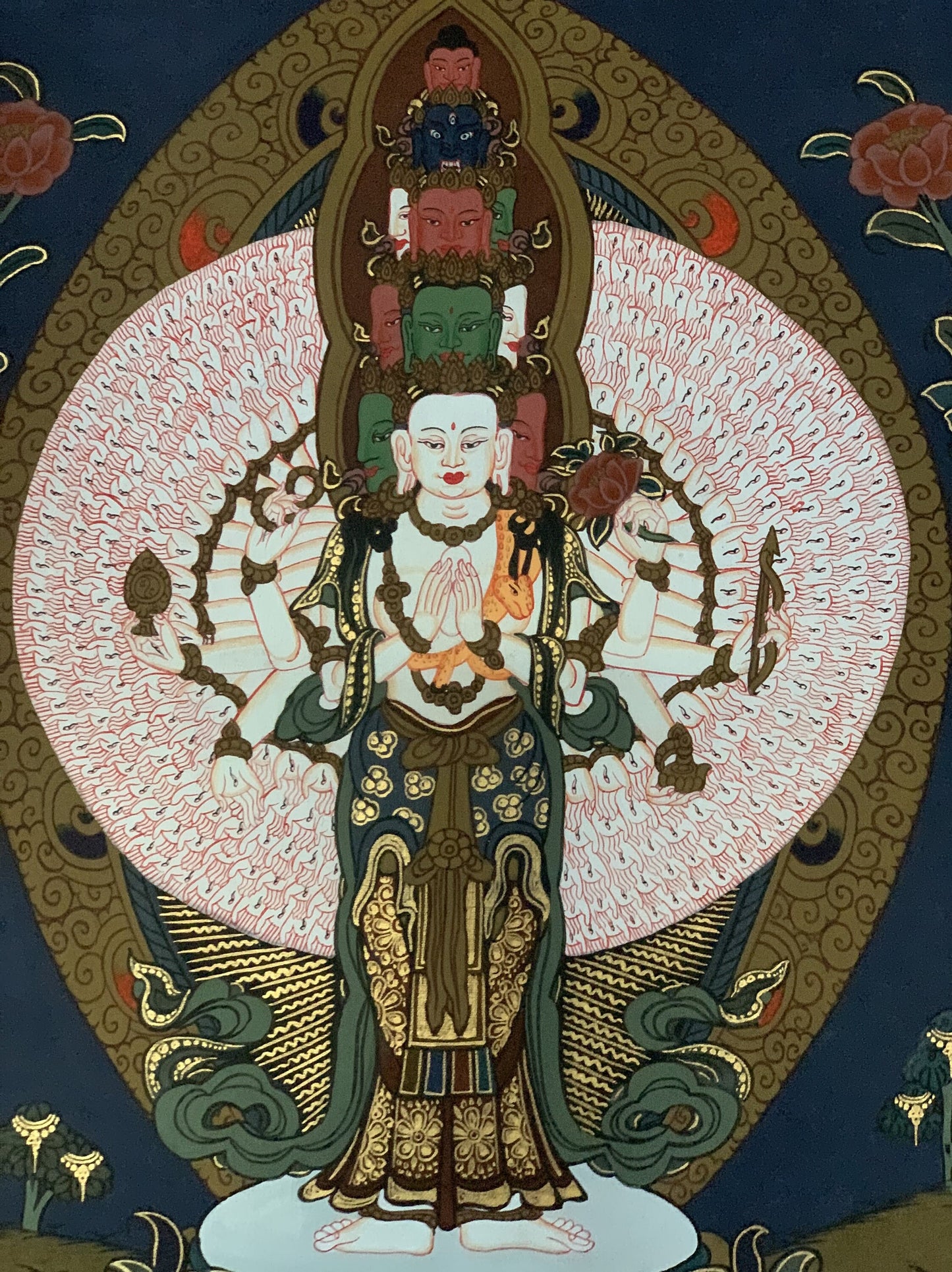 Original Hand-painted 1000 Armed Avalokiteshvara/ Lokeswor/ Chenrezig Tibeatan Thangka Painting with Silk Brocade