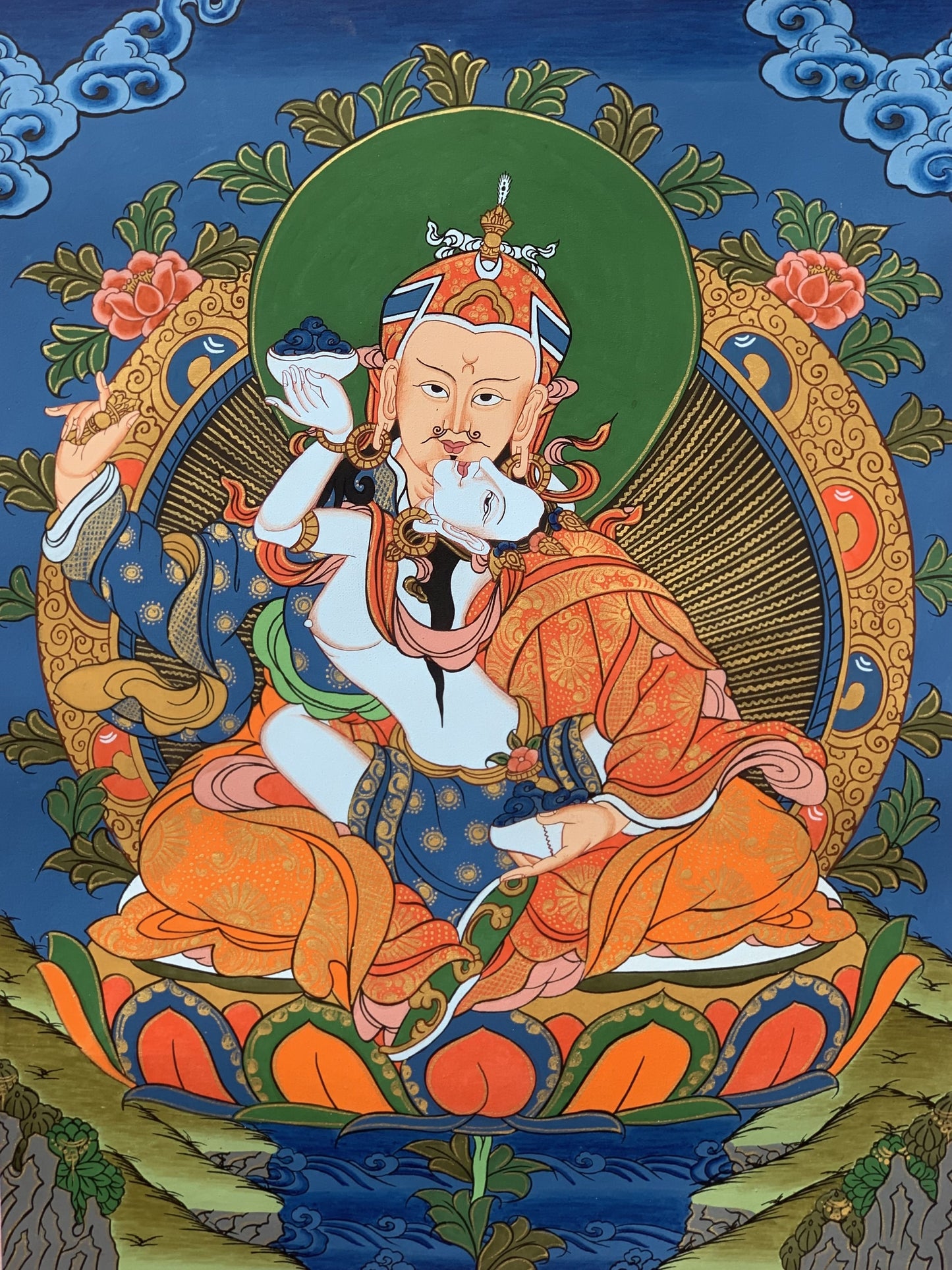 Hand-painted Padmasambhava Guru Shakti Guru Rinpoche, With Consort Mandarava Tibetan Thangka Painting with Silk Brocade