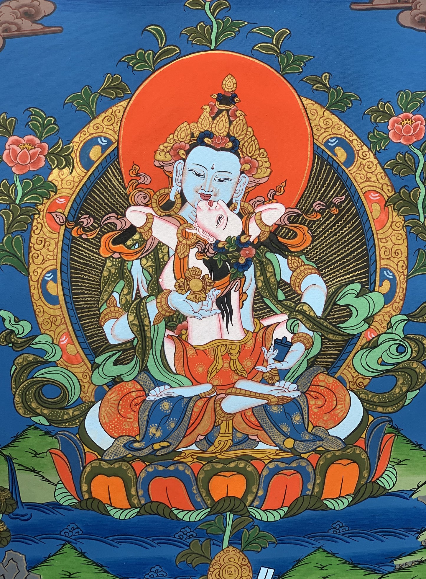 Original Hand-painted, Vajrasattva Shakti Dorje Sempa Master Quality Thangka Painting Compassion Meditation Art with Premium Silk Brocade