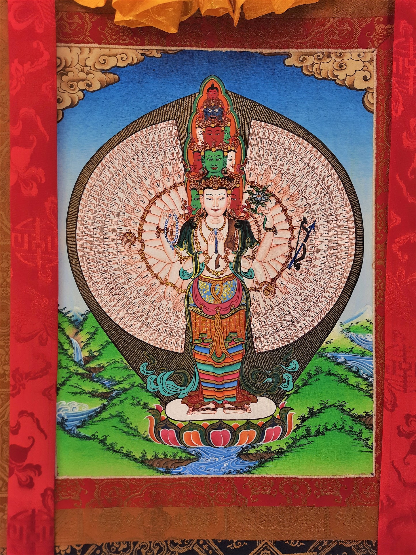 Original Hand Painted 1000 ARMED AVALOKITESHVARA /Lokeshwor/ 24k Gold Tibetan  hangka / Thanka  Painting High Quality Silk Framed