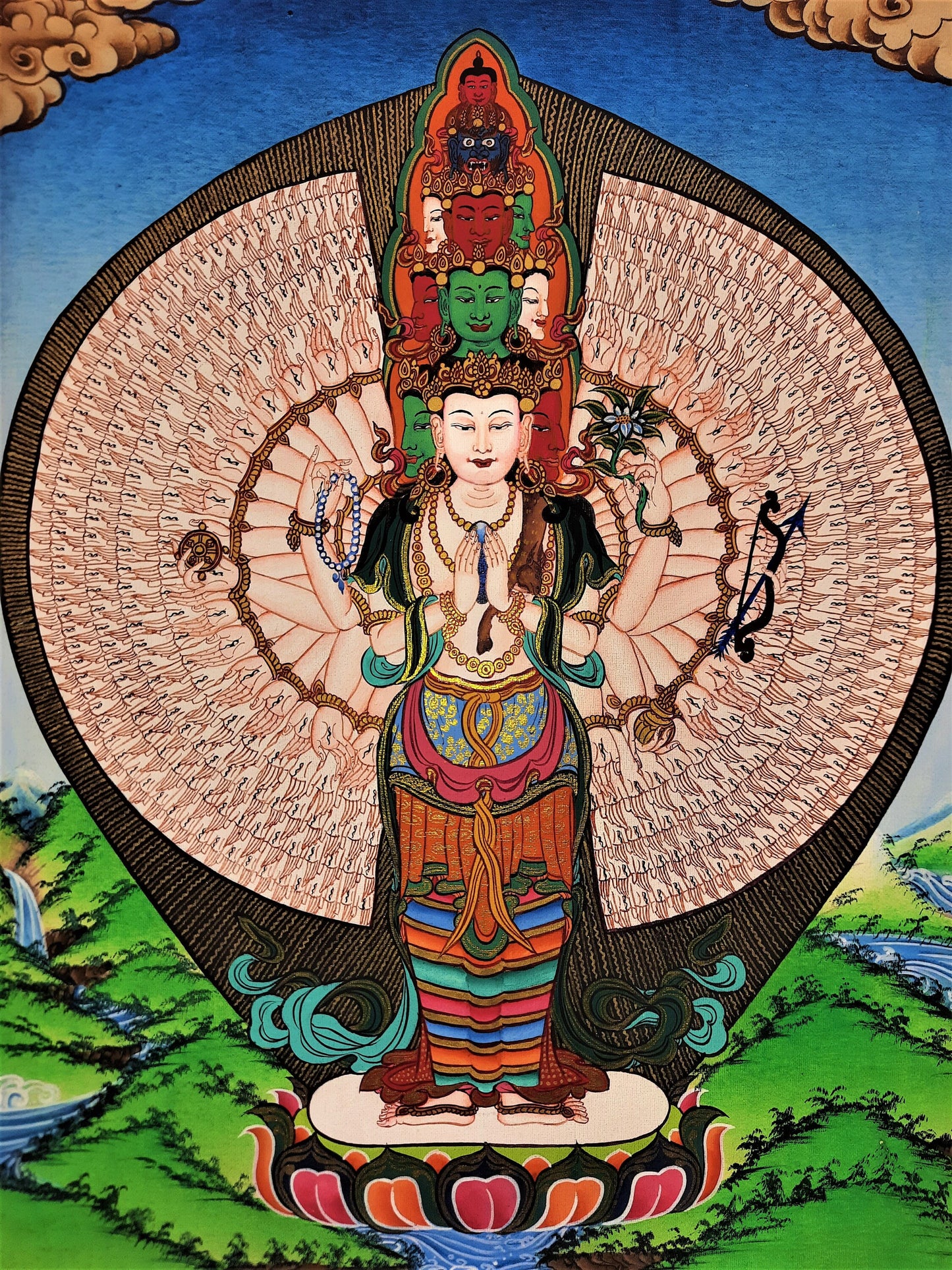 Original Hand Painted 1000 ARMED AVALOKITESHVARA /Lokeshwor/ 24k Gold Tibetan  hangka / Thanka  Painting High Quality Silk Framed