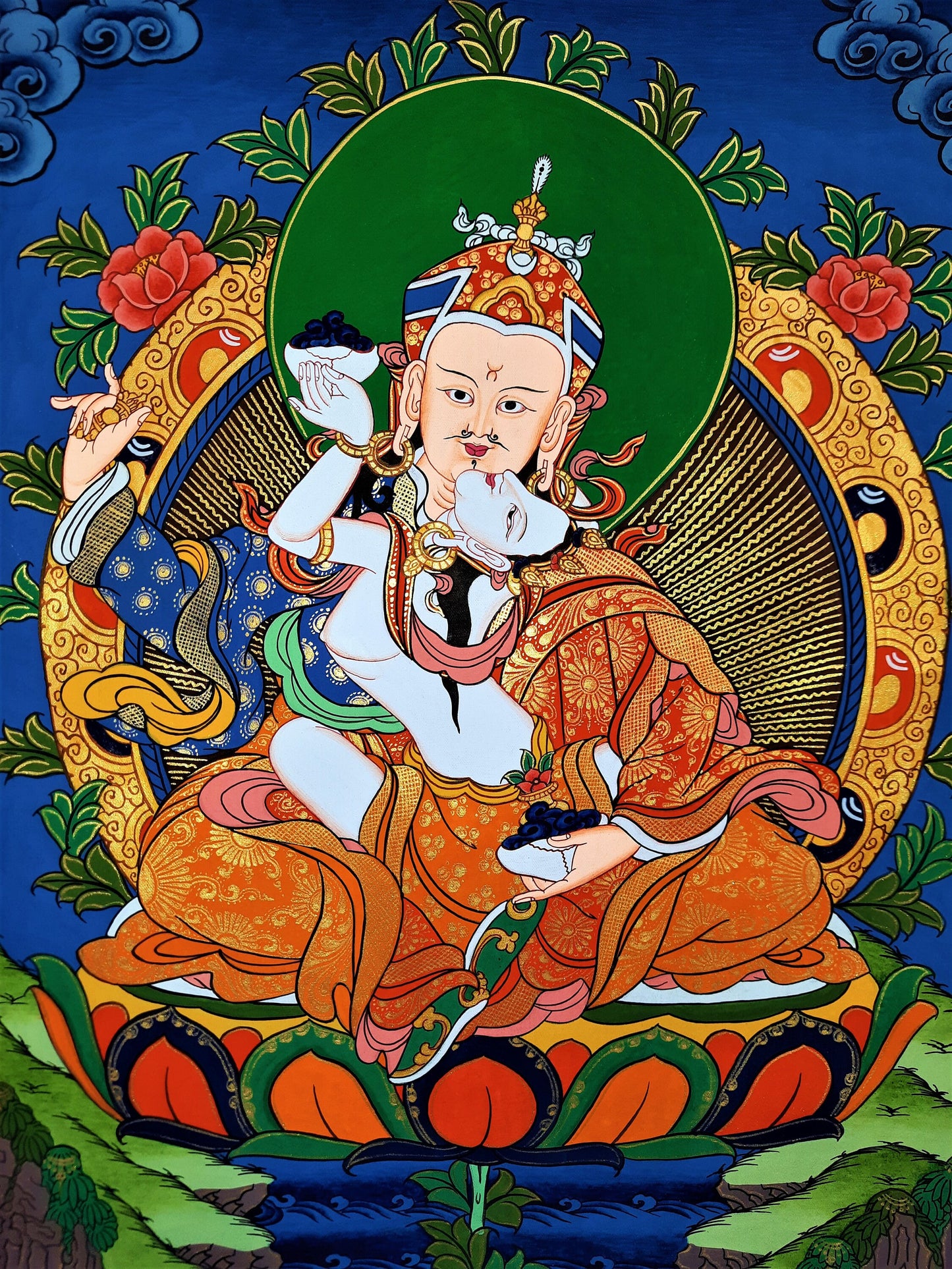 Hand-painted Padmasambhava Guru Shakti Guru Rinpoche, With Consort Mandarava Master Quality Tibetan Thangka Painting with Silk Brocade