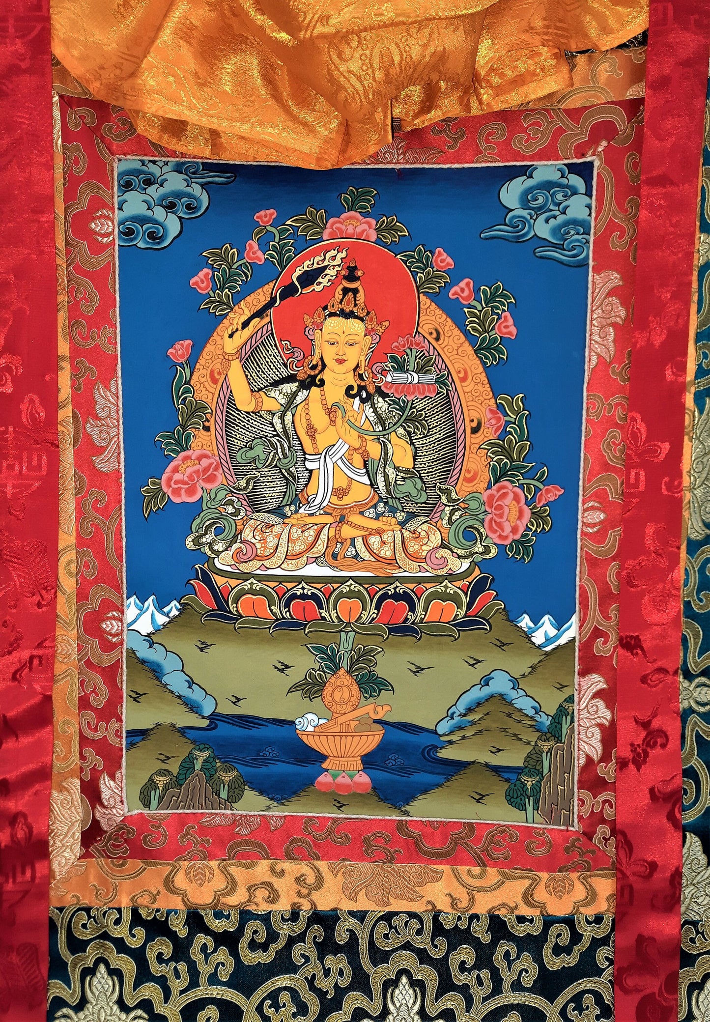 Original Manjushri / God Of Wisdom / Hand Painted Tibetan Compassion / Meditation / Tibetan Thangka / Thanka Painting - Silk Framed