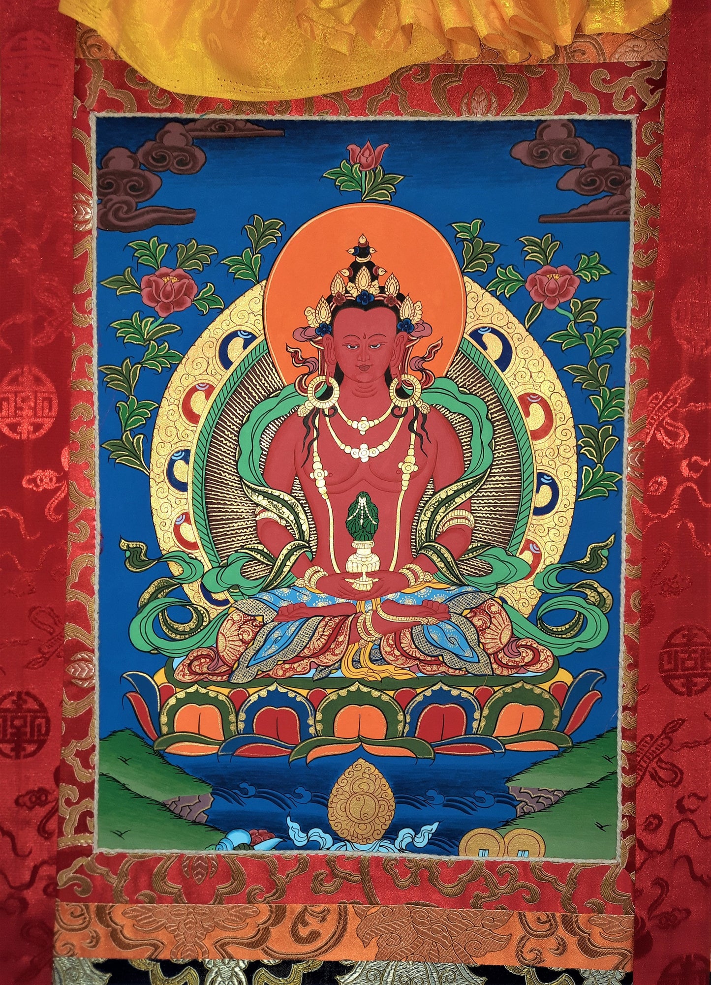 Original Hand Painted Amitabha Buddha Compassion / Meditation Wall hanging Tibetan Thangka / Thanka  Painting With Silk Border  From Nepal