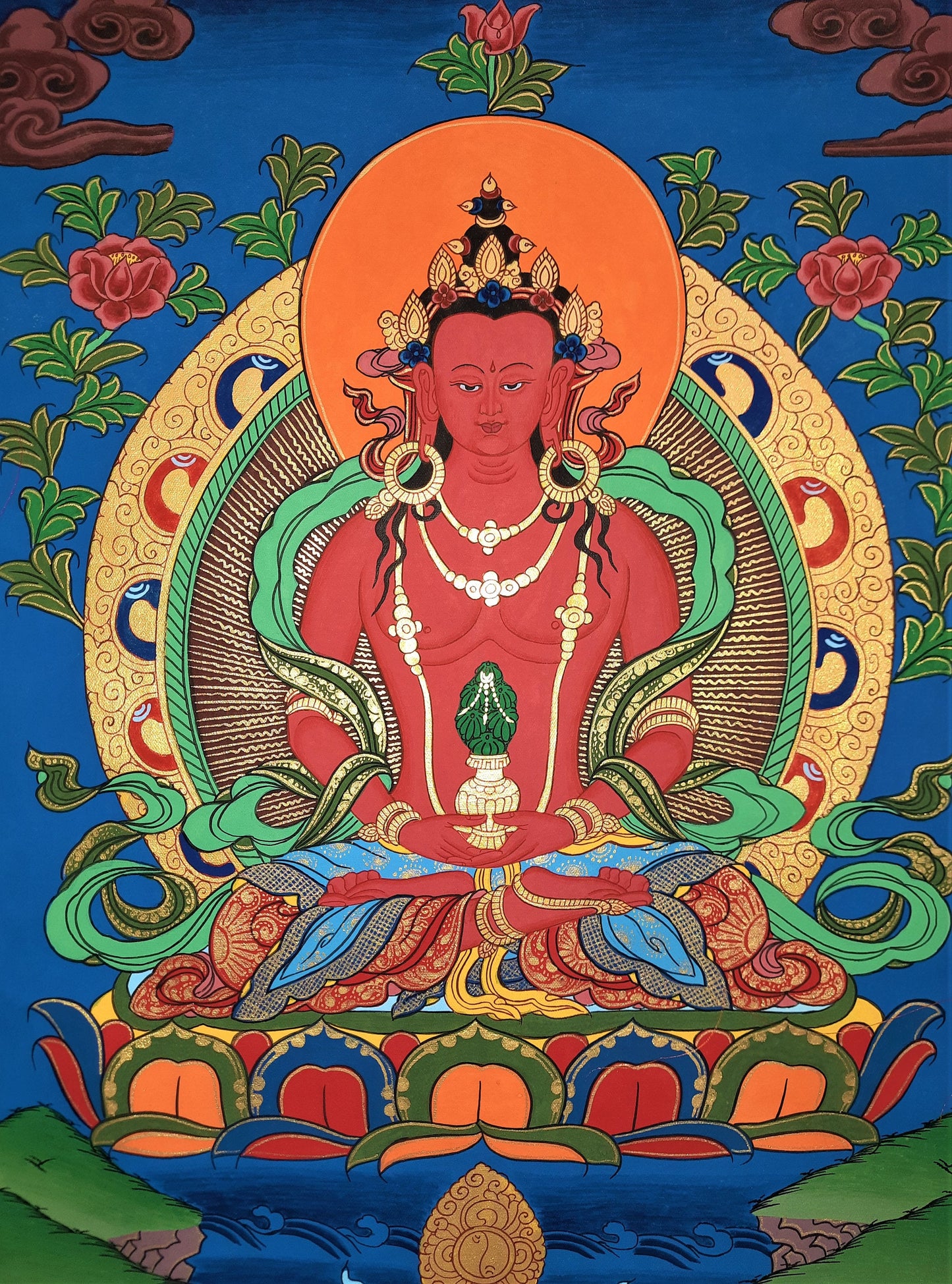 Original Hand Painted Amitabha Buddha Compassion / Meditation Wall hanging Tibetan Thangka / Thanka  Painting With Silk Border  From Nepal