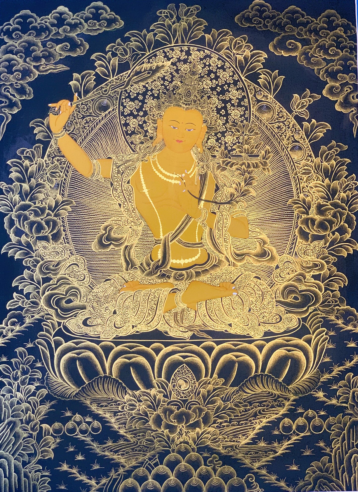 Original Hand Painted Manjushree / Jampelyang/ God Of Wisdom  Tibetan Thanka  / Thangka / Painting Compassion Meditation Art From Nepal