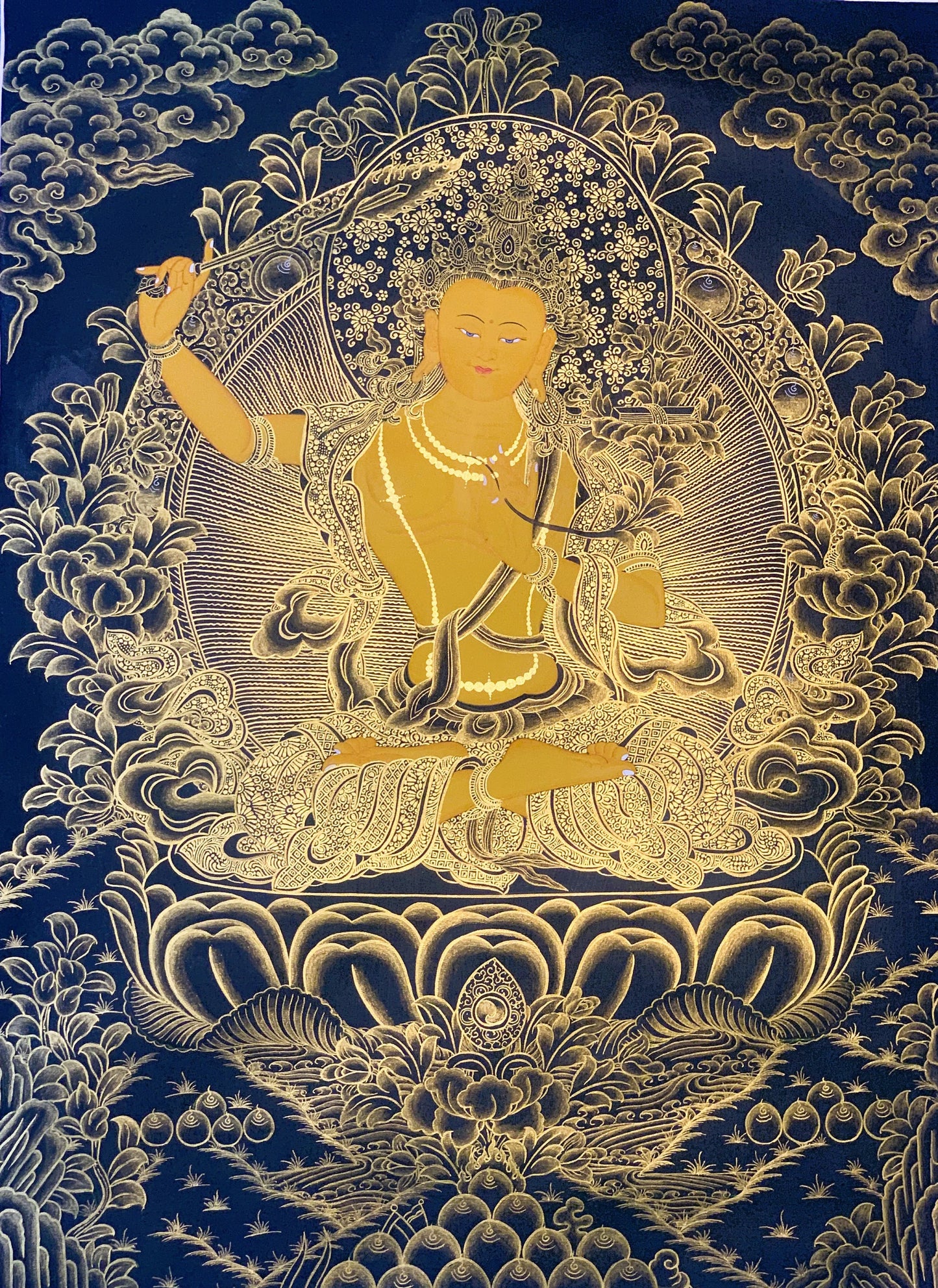 Original Hand Painted Manjushree / Jampelyang/ God Of Wisdom  Tibetan Thanka  / Thangka / Painting Compassion Meditation Art From Nepal